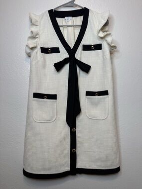 Voy Cream V-Neck Ruffle Sleeve Tweed Dress with Contrast Ribbon Size Small